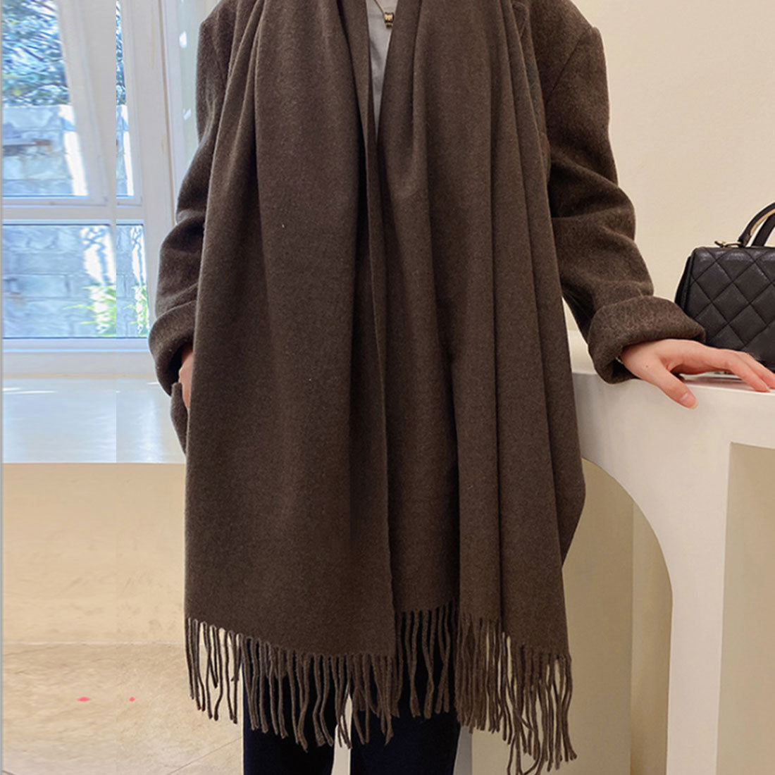 ストール 大判 マフラー カシミヤタッチ,ダークブラウン