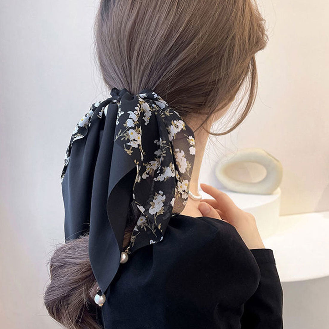 花柄 スカーフシュシュ春夏リボンヘアゴム ベージュ