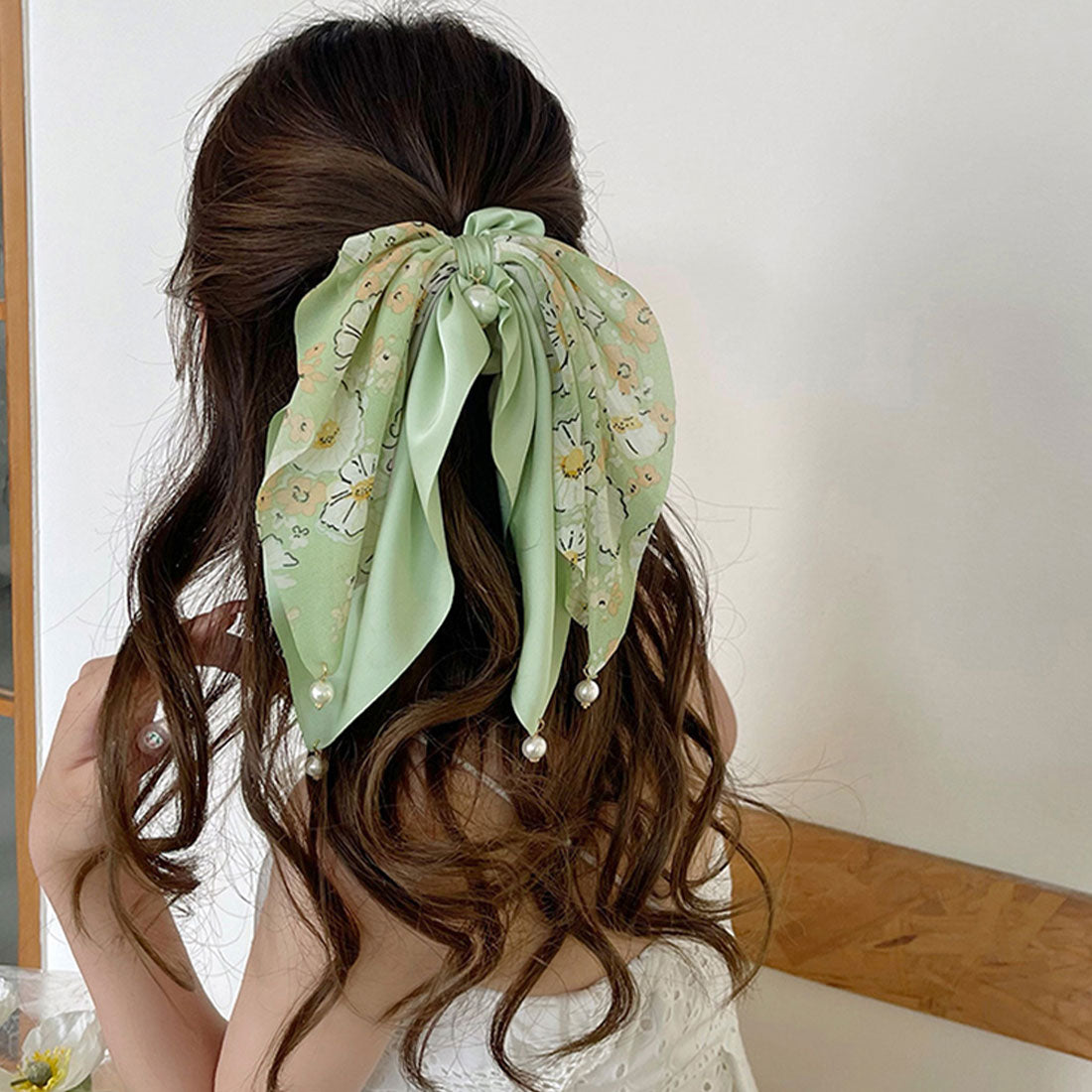 花柄 スカーフシュシュ春夏リボンヘアゴム ミントグリーン