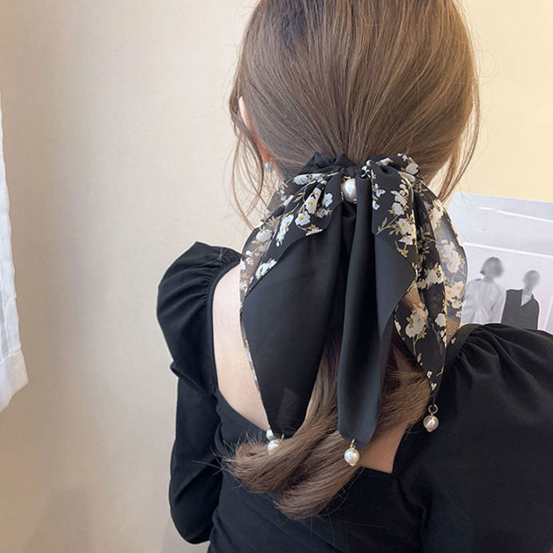 花柄 スカーフシュシュ春夏リボンヘアゴム ブラック