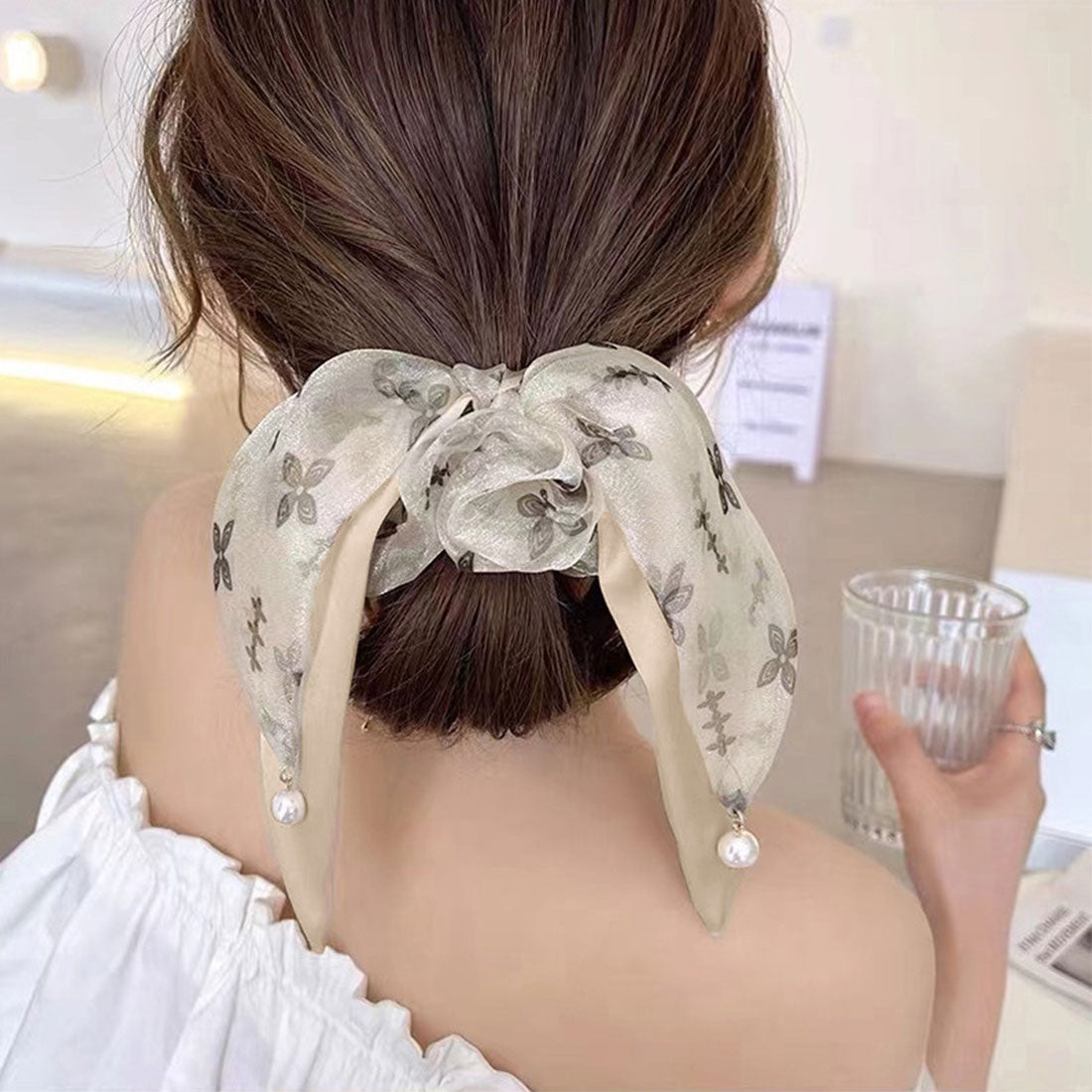 リボンヘアゴム シュシュ レディース アイボリー