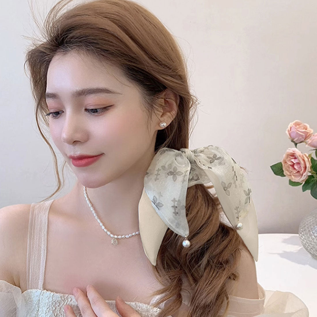 リボンヘアゴム シュシュ レディース アイボリー
