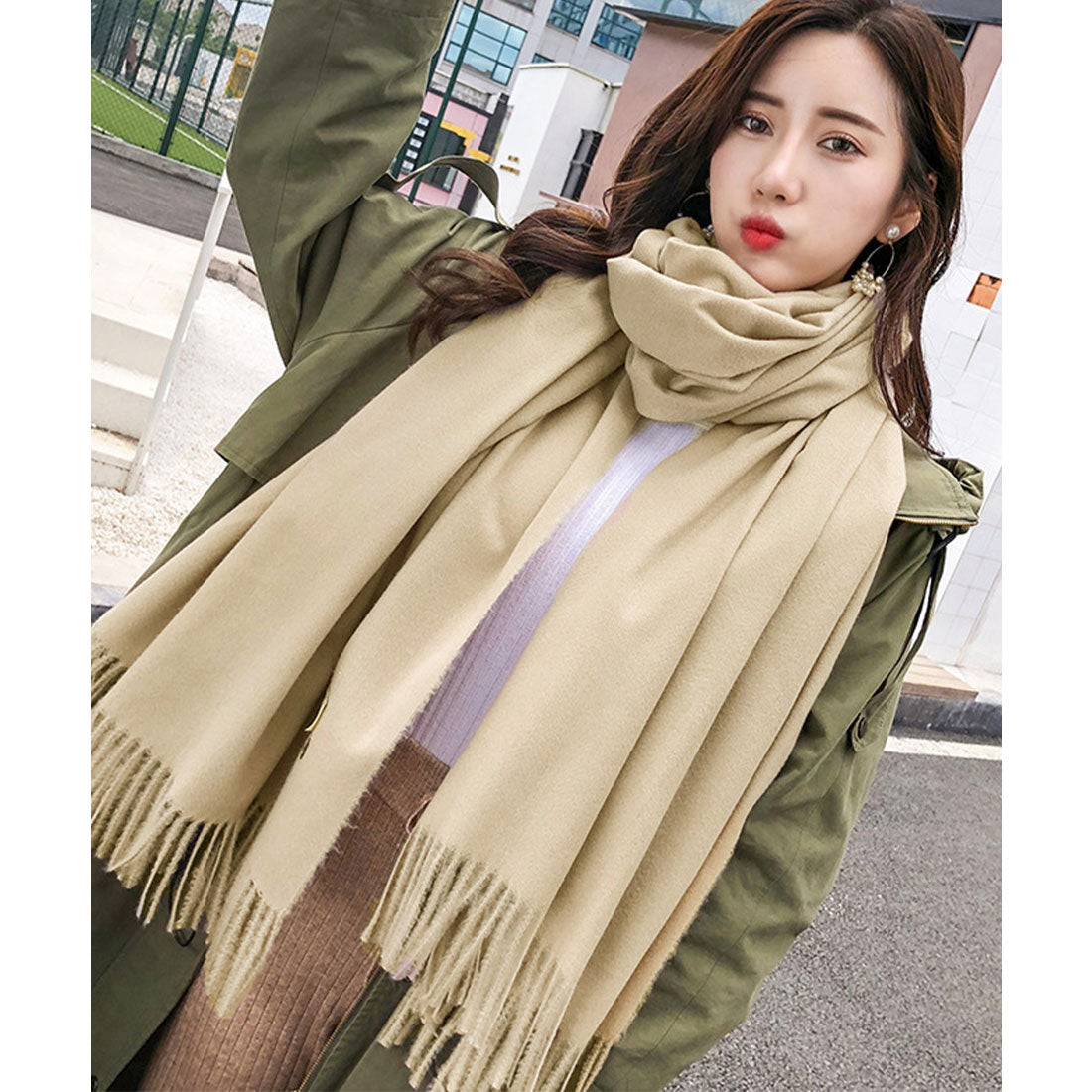 韓国マフラー カシミヤタッチ大判ストール キャメル