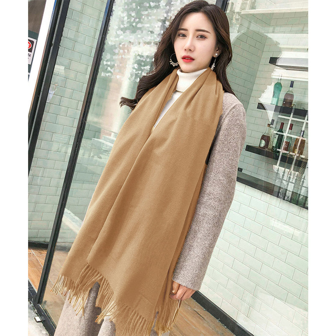 韓国マフラー カシミヤタッチ大判ストール キャメル