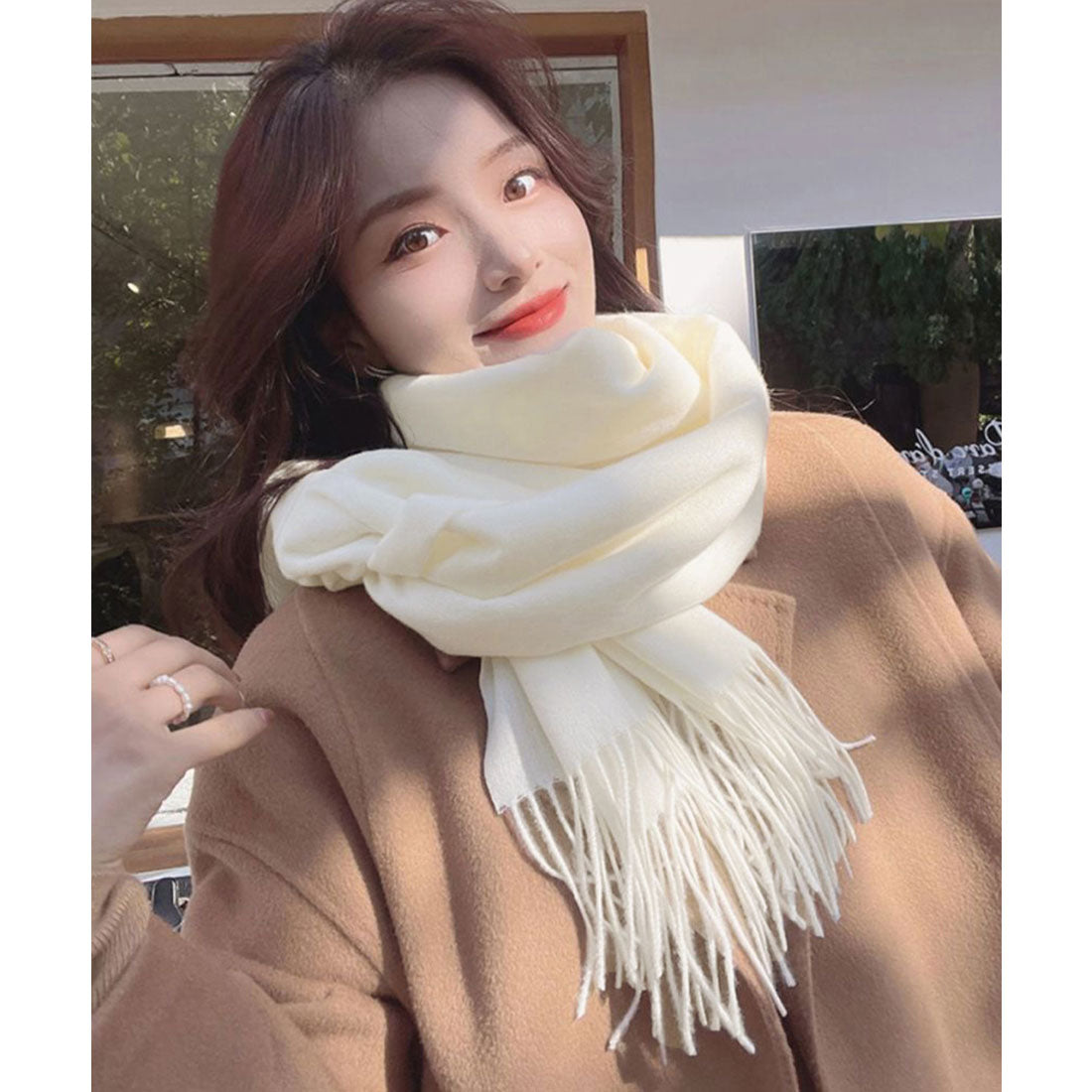 韓国マフラー カシミヤタッチ大判ストール アイボリー