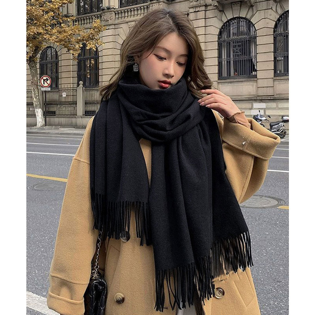 韓国マフラー カシミヤタッチ大判ストール ブラック