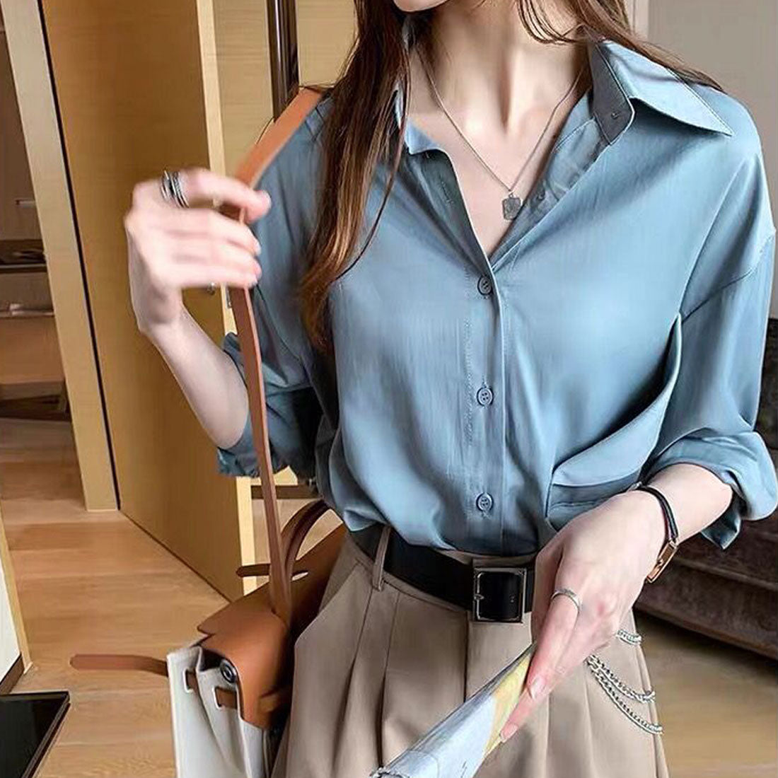 シャツ ブラウス レディース ロング,ブルー