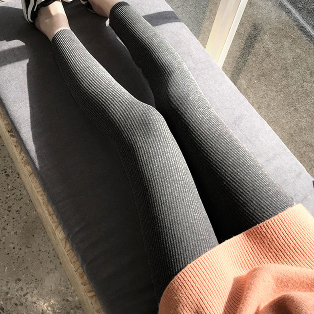リブ レギンスパンツ レディース 美脚,ダークグレー