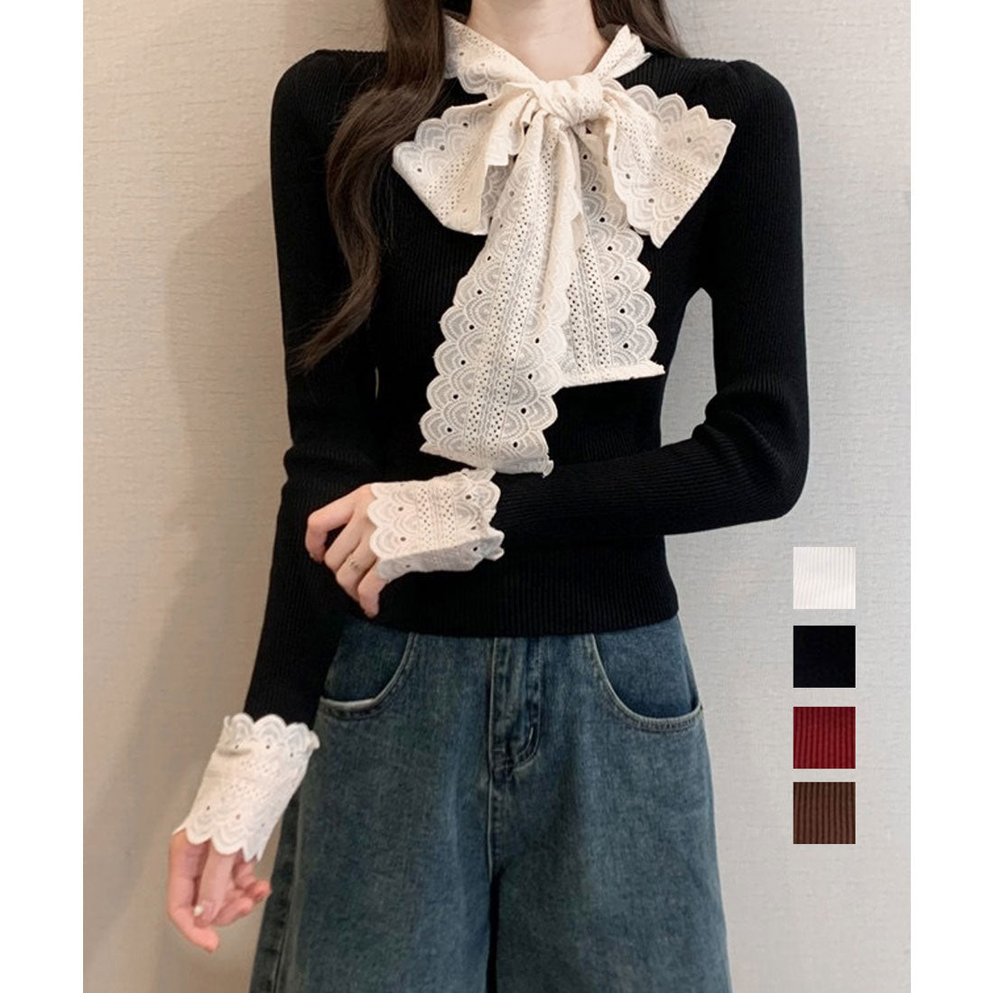 ミニミニストア miniministore ニットトップス 刺しゅうレース ボウタイ （ブラウン） ブラウン