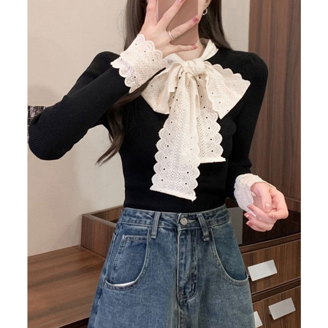 ミニミニストア miniministore ニットトップス 刺しゅうレース ボウタイ （ブラウン） ブラウン