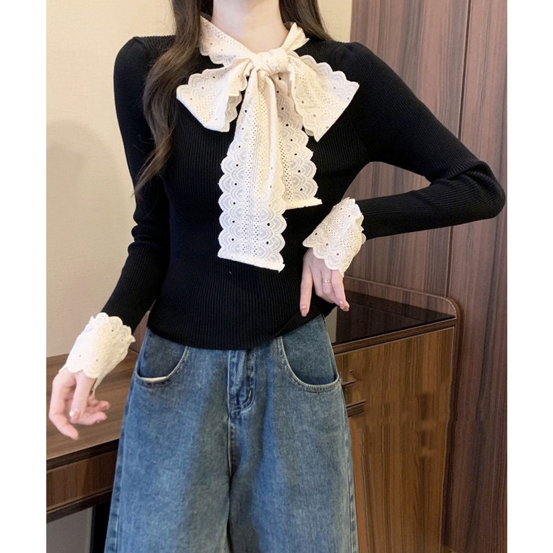 ミニミニストア miniministore ニットトップス 刺しゅうレース ボウタイ （ブラウン） ブラウン