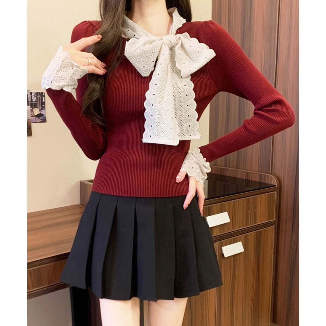 ミニミニストア miniministore ニットトップス 刺しゅうレース ボウタイ （ワインレッド） ワインレッド