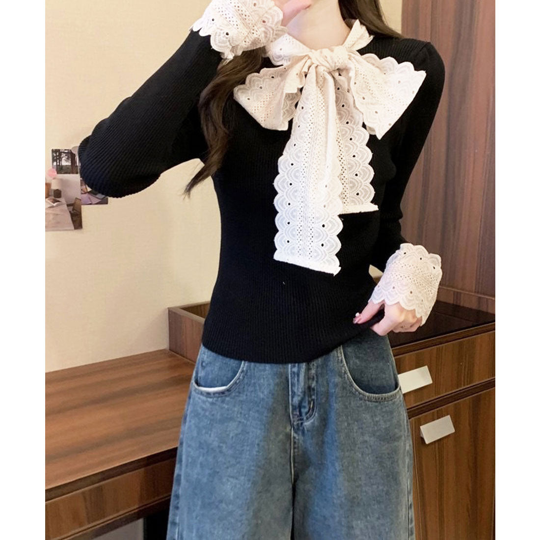 ミニミニストア miniministore ニットトップス 刺しゅうレース ボウタイ （ブラック） ブラック