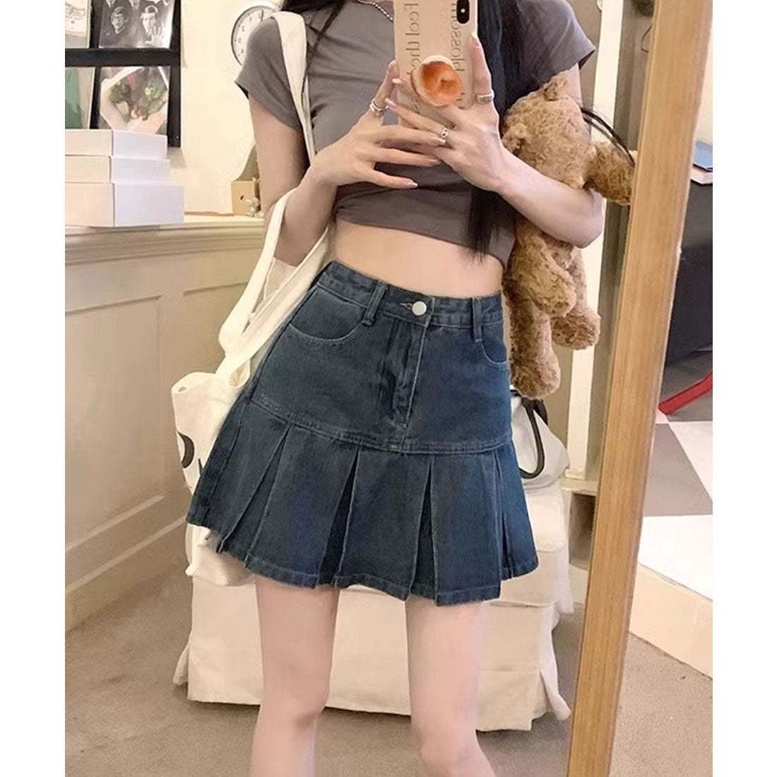 ミニミニストア miniministore プリーツデニムスカートミニスカート韓国風 （インディゴブルー） インディゴブルー