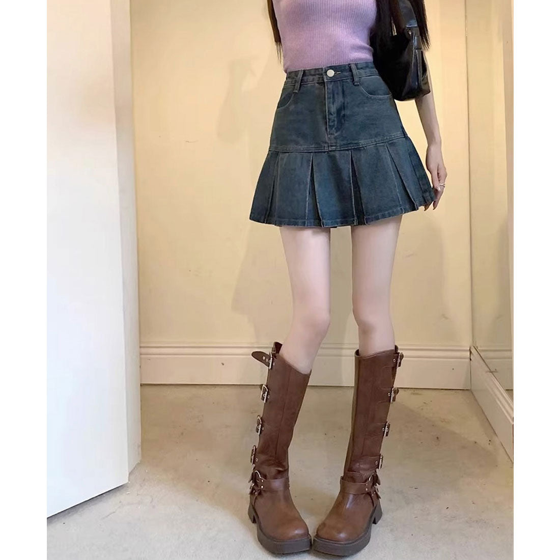ミニミニストア miniministore プリーツデニムスカートミニスカート韓国風 （インディゴブルー） インディゴブルー