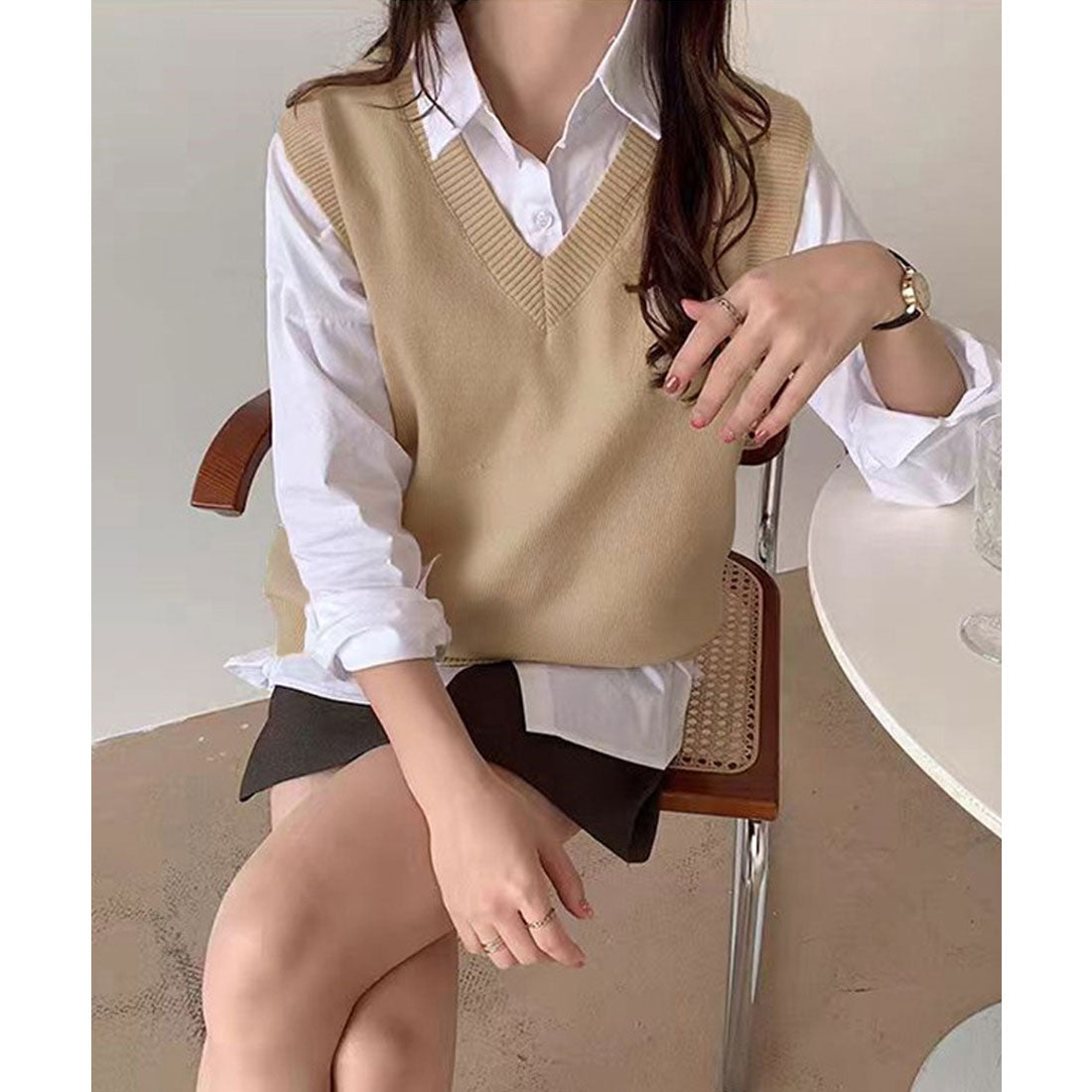 ミニミニストア miniministore ニットベスト Vネック 重ね着 春秋冬 （ベージュ） ベージュ