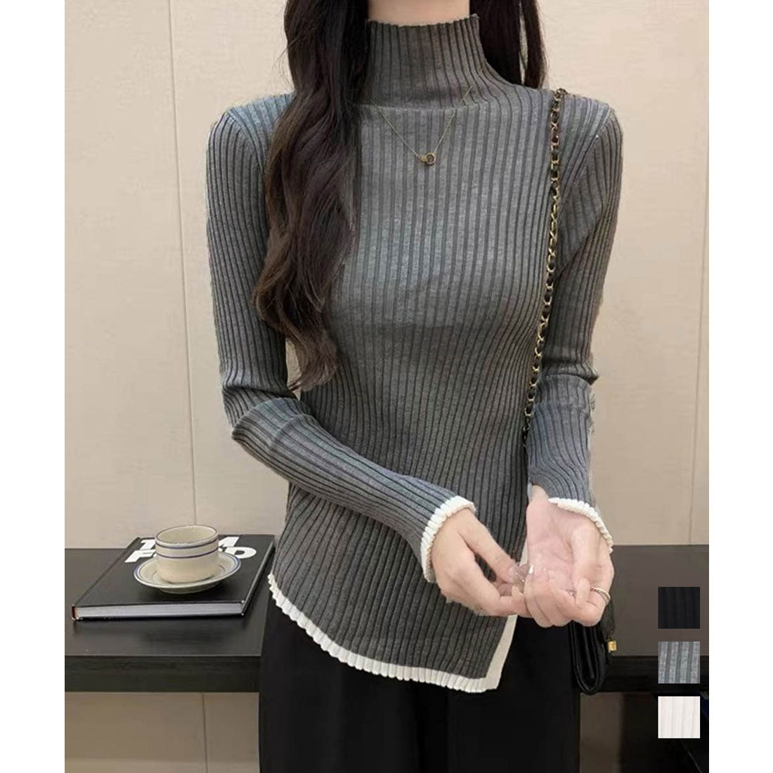 ミニミニストア miniministore 配色ハイネックニットセーター リブニット （ダークグレー） ダークグレー