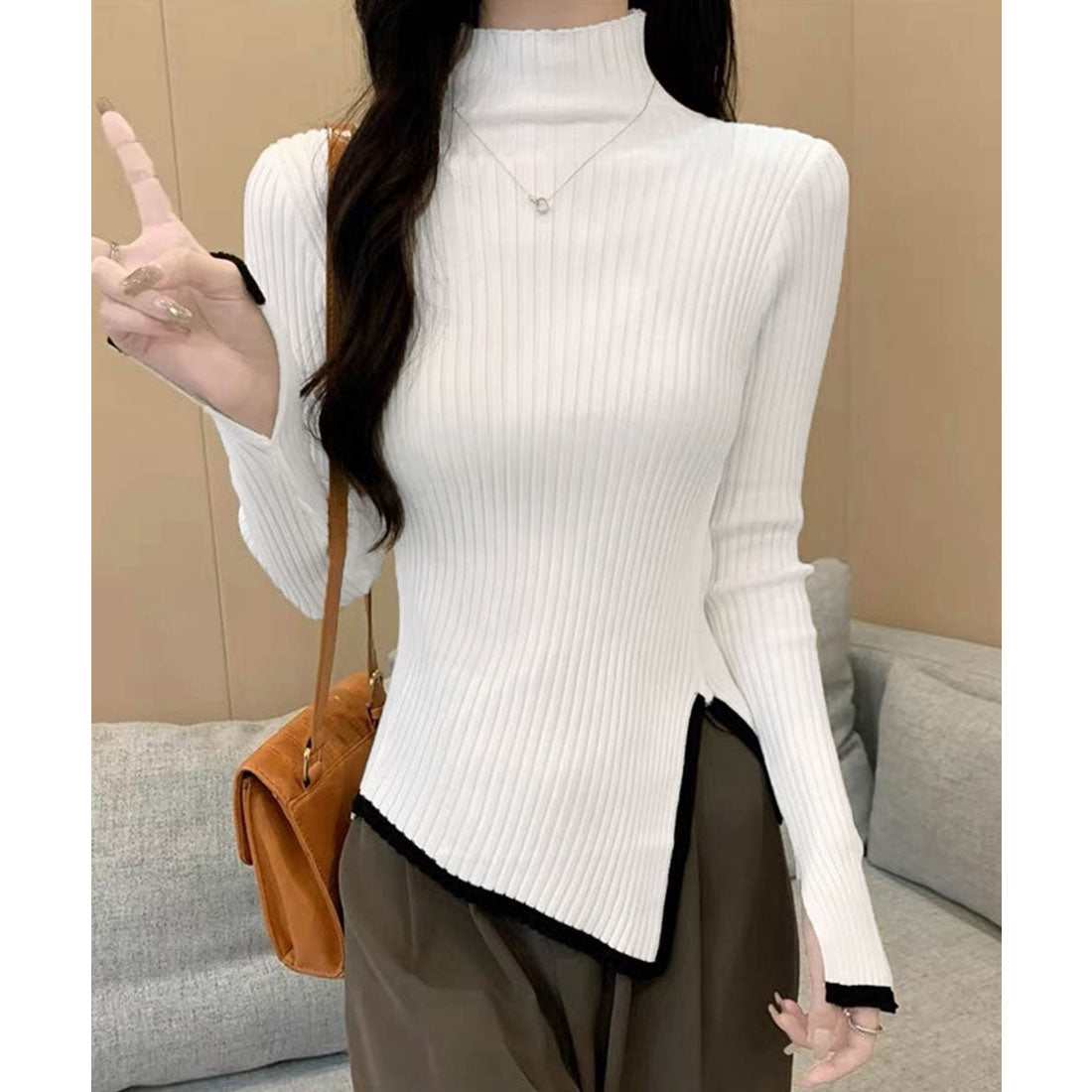 ミニミニストア miniministore 配色ハイネックニットセーター リブニット （ダークグレー） ダークグレー
