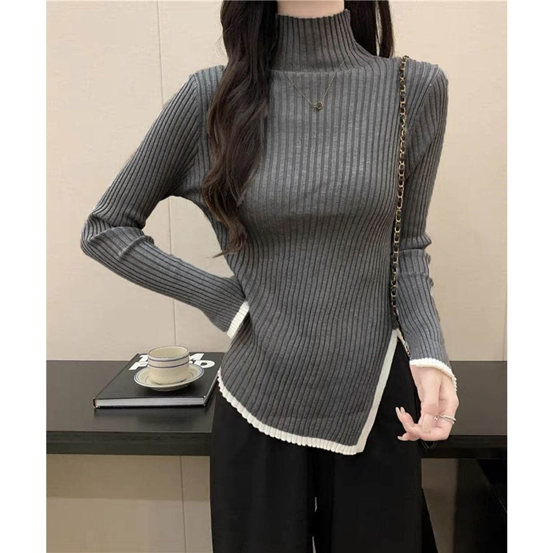ミニミニストア miniministore 配色ハイネックニットセーター リブニット （ダークグレー） ダークグレー