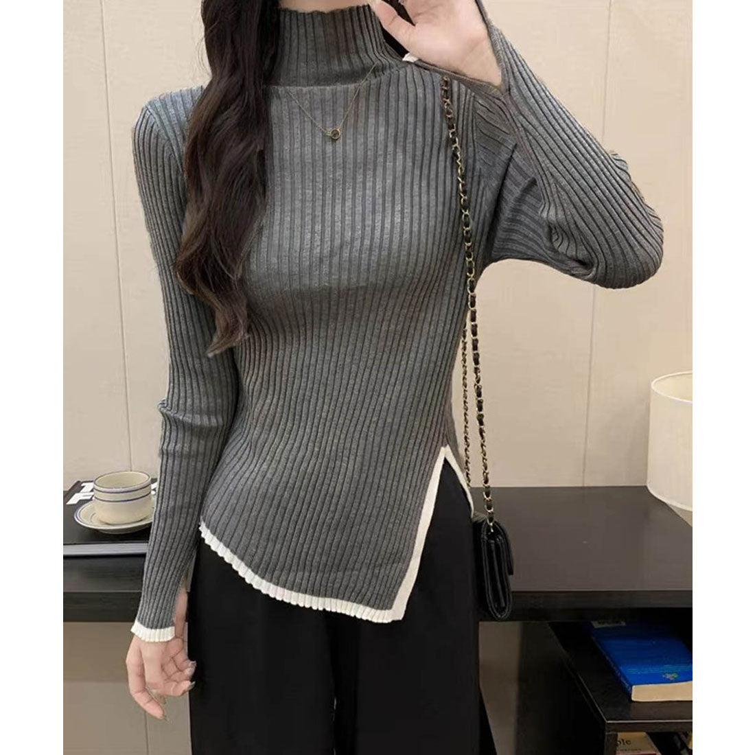 ミニミニストア miniministore 配色ハイネックニットセーター リブニット （ダークグレー） ダークグレー