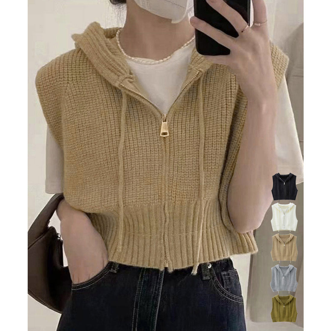ミニミニストア miniministore フード付きジップニットベスト ショート丈 （ベージュ） ベージュ