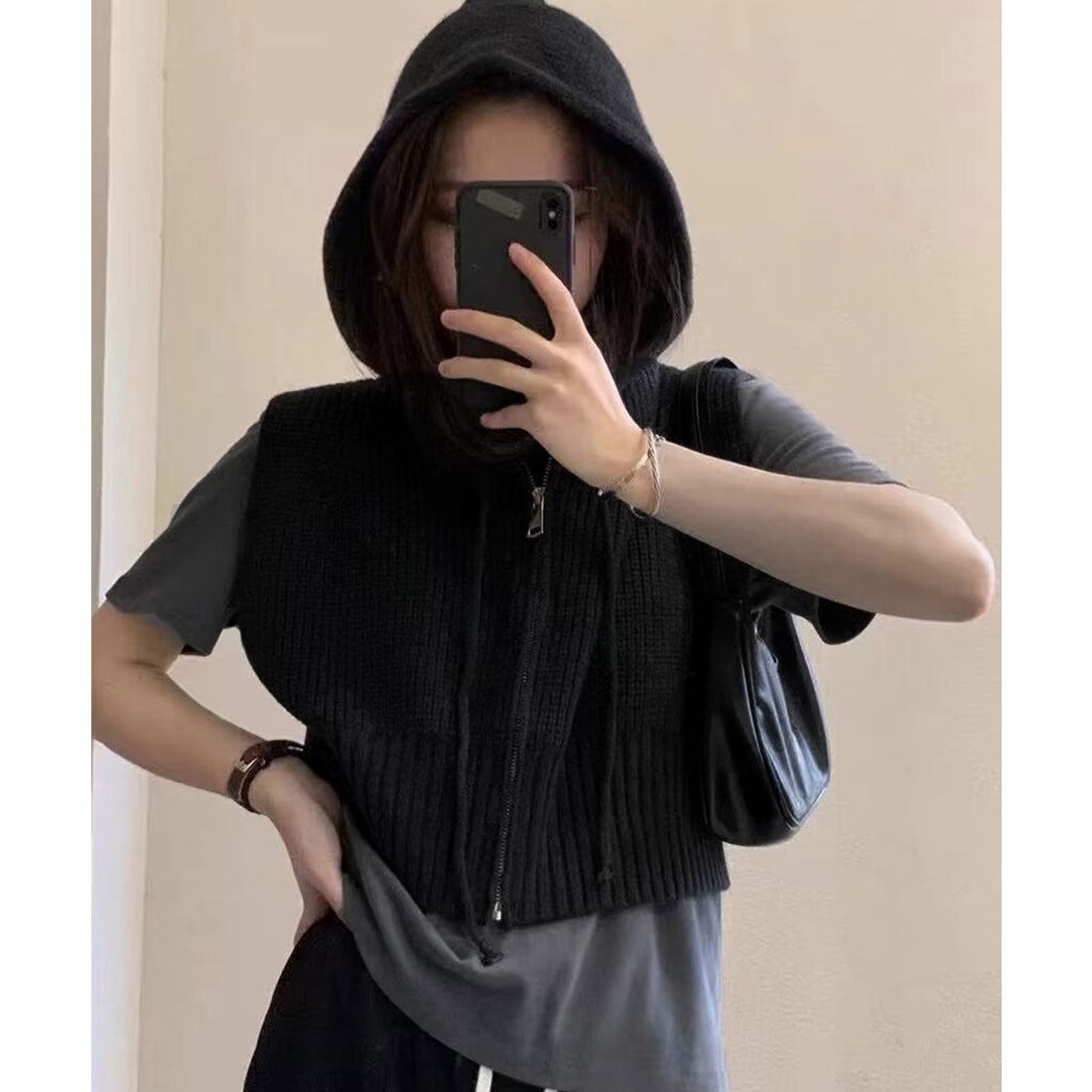 ミニミニストア miniministore フード付きジップニットベスト ショート丈 （ベージュ） ベージュ