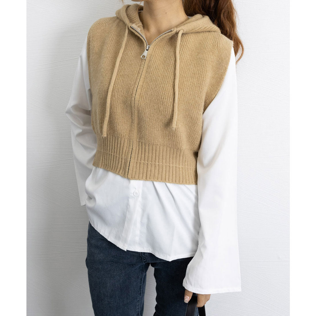 ミニミニストア miniministore フード付きジップニットベスト ショート丈 （ベージュ） ベージュ