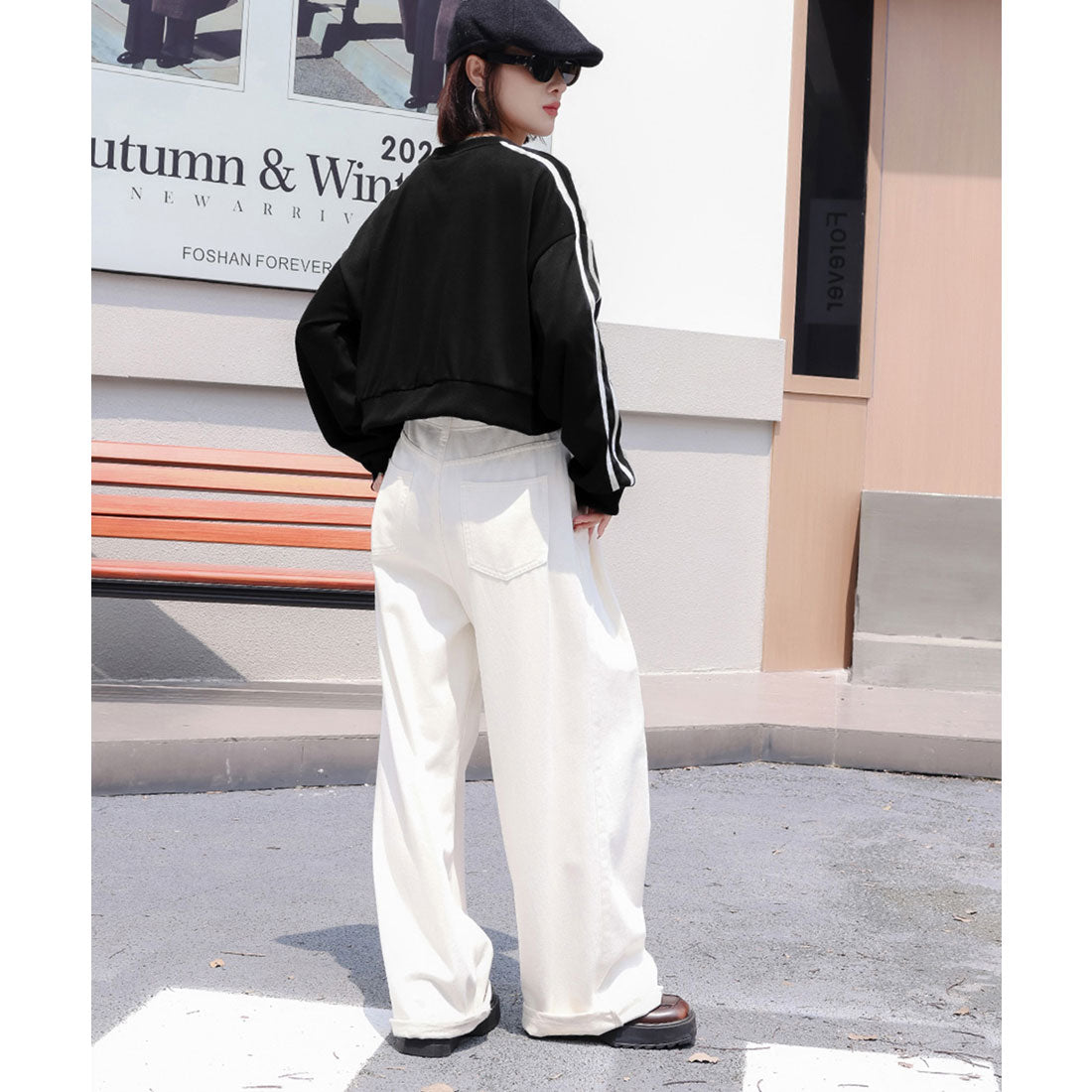 ショート丈 サイドラインスウェット裏起毛 ライトグレー*厚手