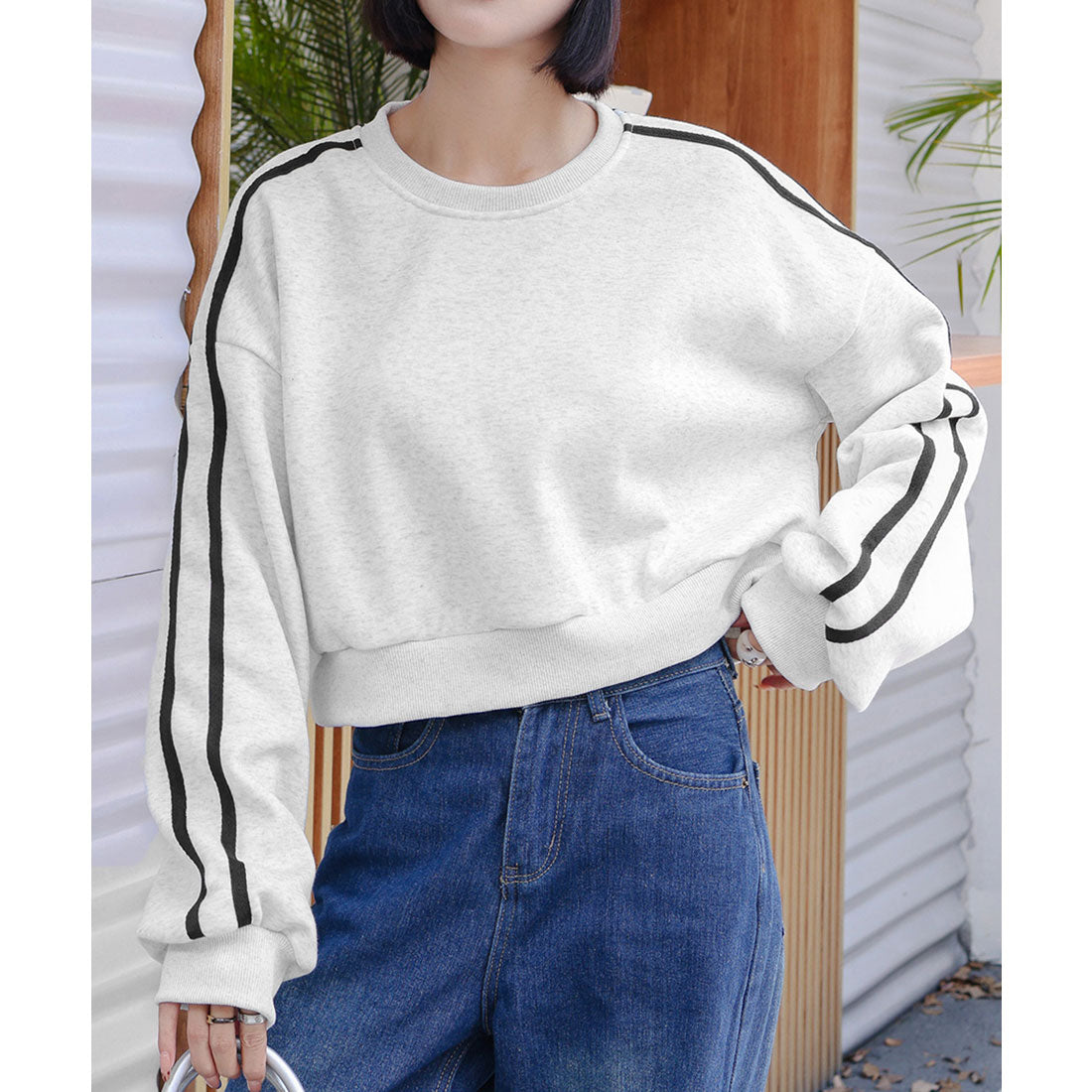 ショート丈 サイドラインスウェット裏起毛 ライトグレー*厚手