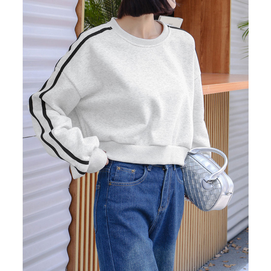 ショート丈 サイドラインスウェット裏起毛 ライトグレー*厚手