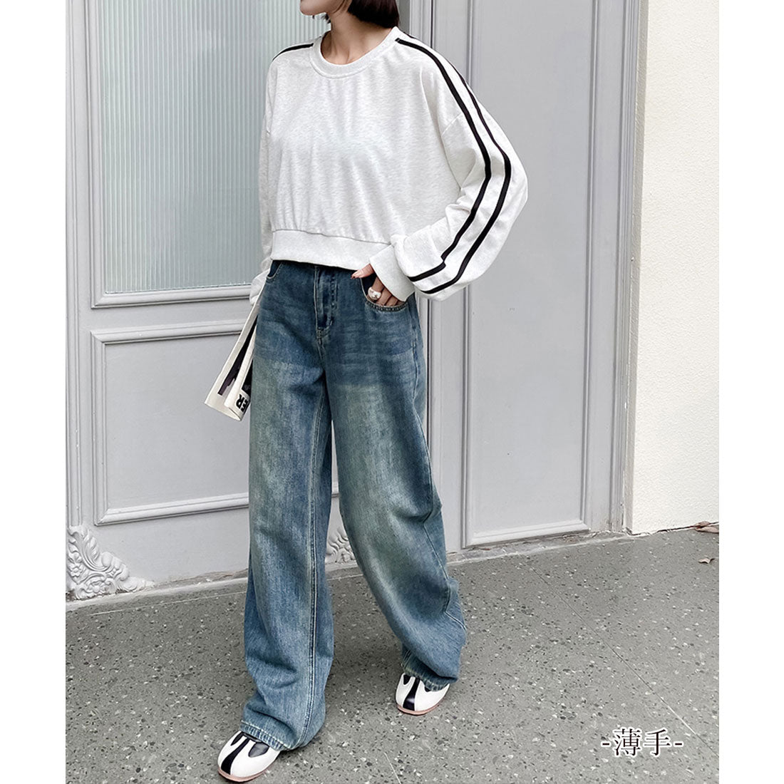 ショート丈 サイドラインスウェット裏起毛 ライトグレー*厚手