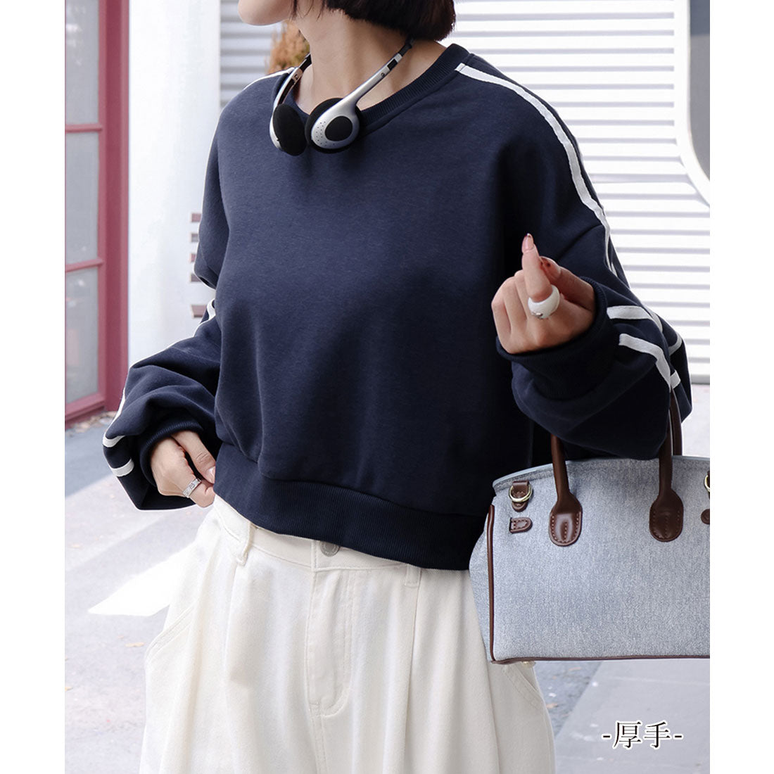 ショート丈 サイドラインスウェット裏起毛 ライトグレー*厚手