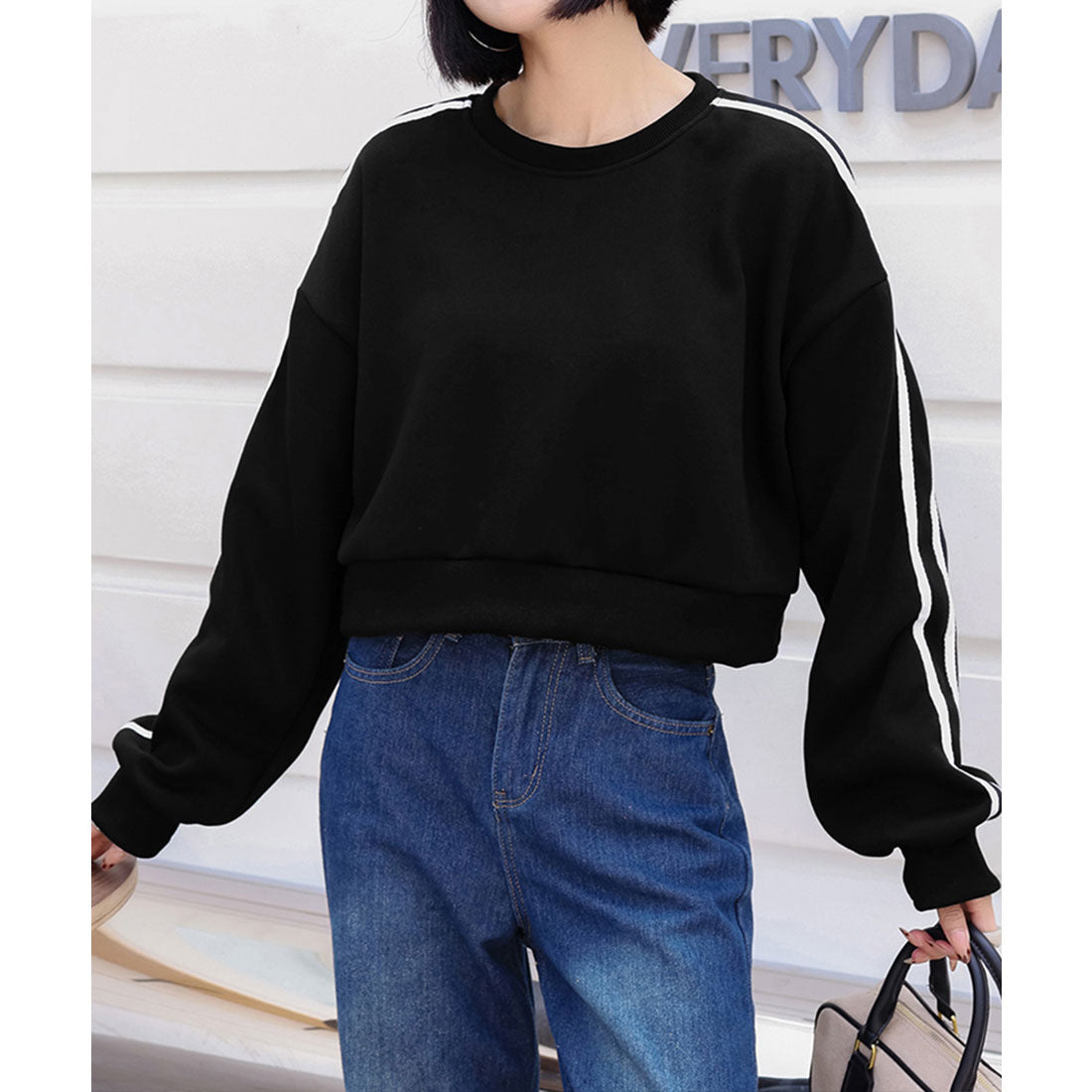 ショート丈 サイドラインスウェット裏起毛 ブラック*厚手