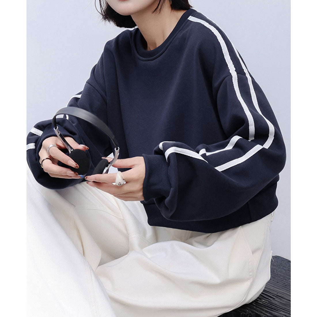ショート丈 サイドラインスウェット裏起毛 ネイビー*厚手