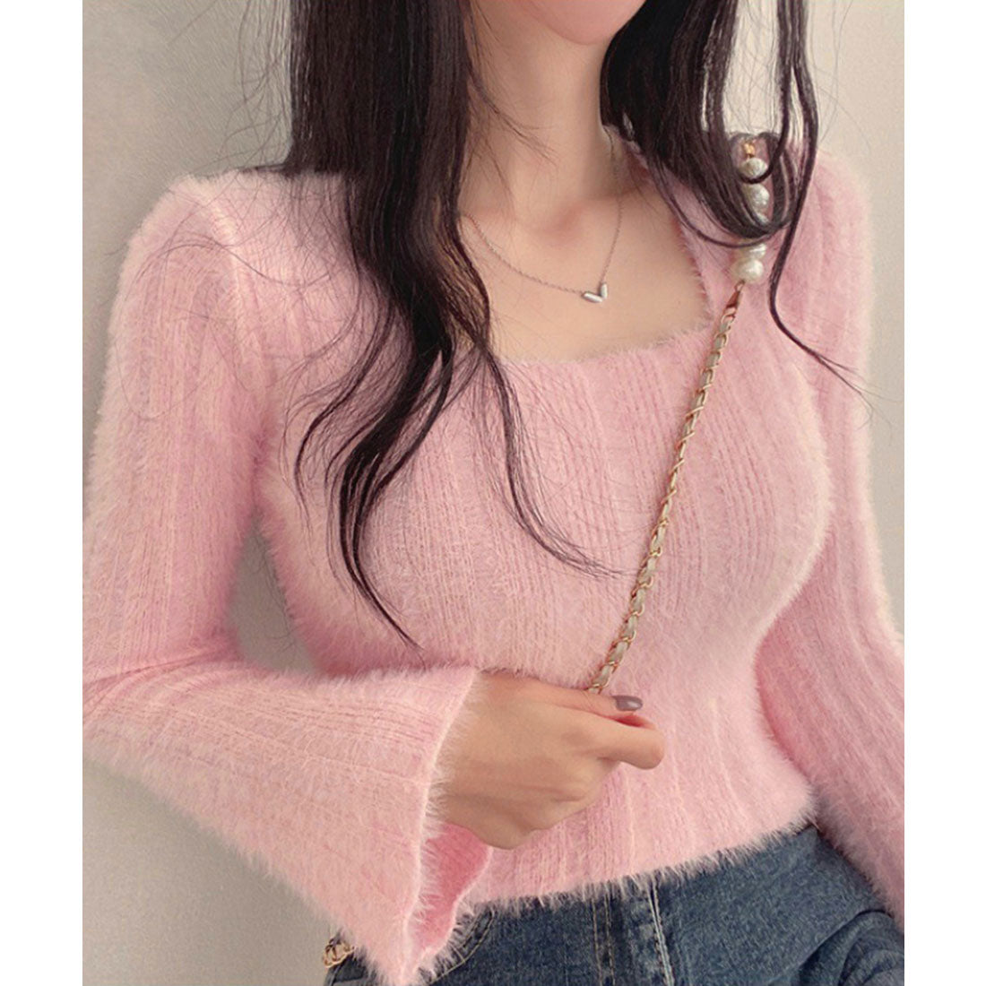 ミニミニストア miniministore ショート丈 シャギーニットトップス韓国風,ピンク