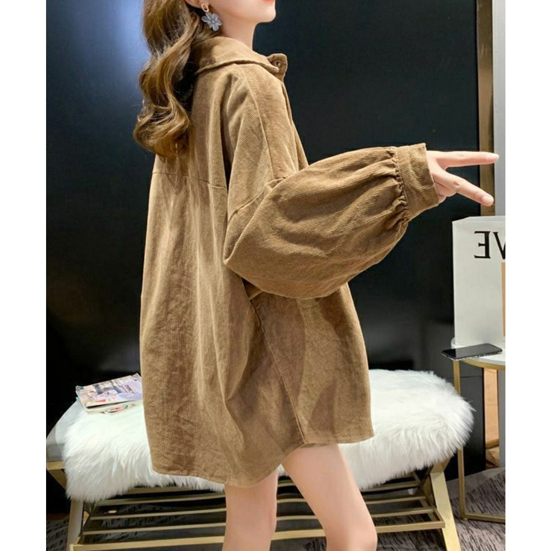 コーデュロイシャツ レディース長袖シャツ ブラック