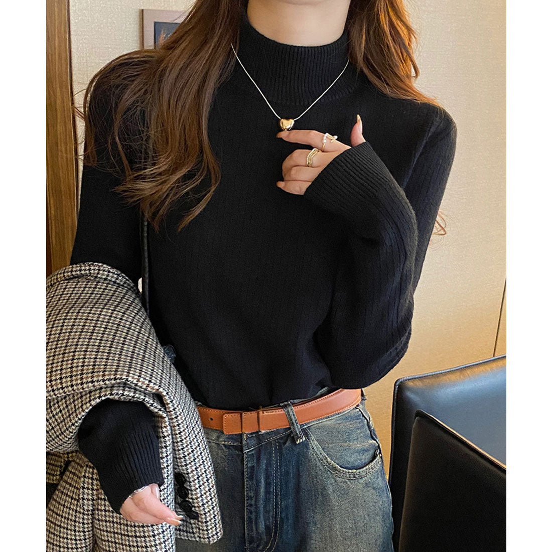 ニットトップス 裏起毛 ハイネック 厚手 ピンクベージュ