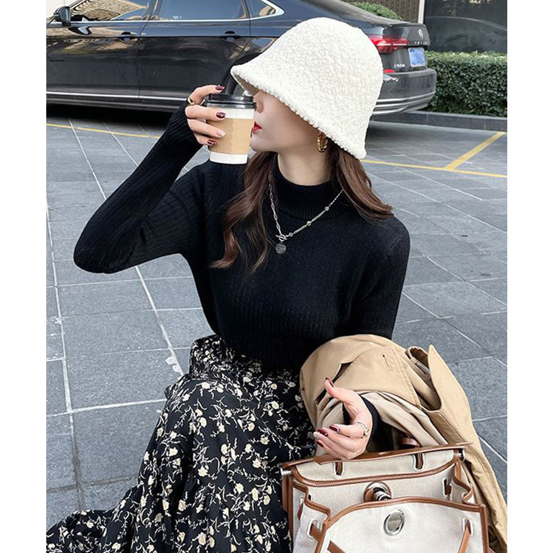 ニットトップス 裏起毛 ハイネック 厚手 ピンクベージュ