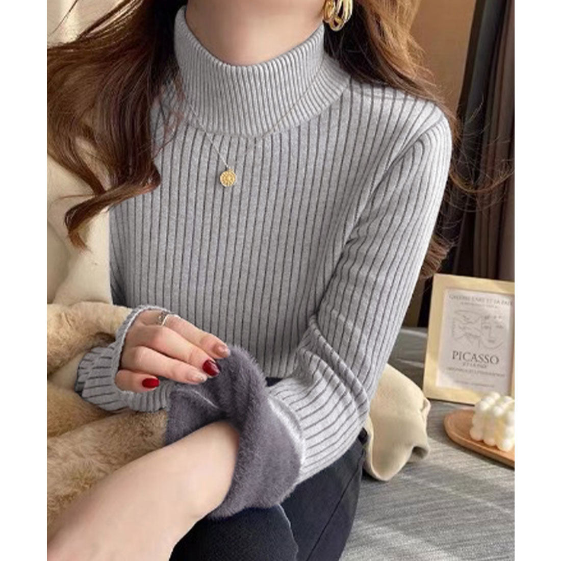 ニットトップス 裏起毛 ハイネック 厚手 ピンクベージュ