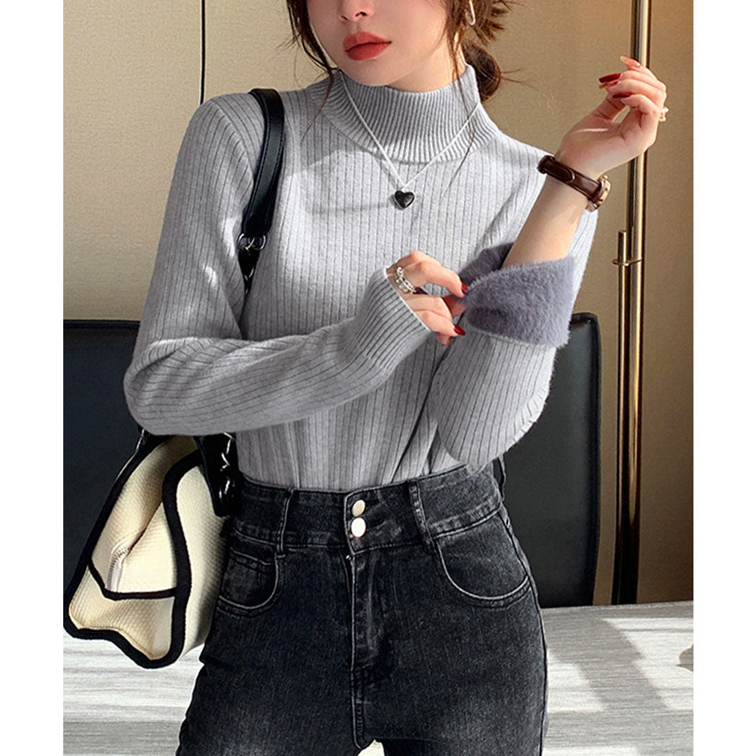 ニットトップス 裏起毛 ハイネック 厚手 ピンクベージュ