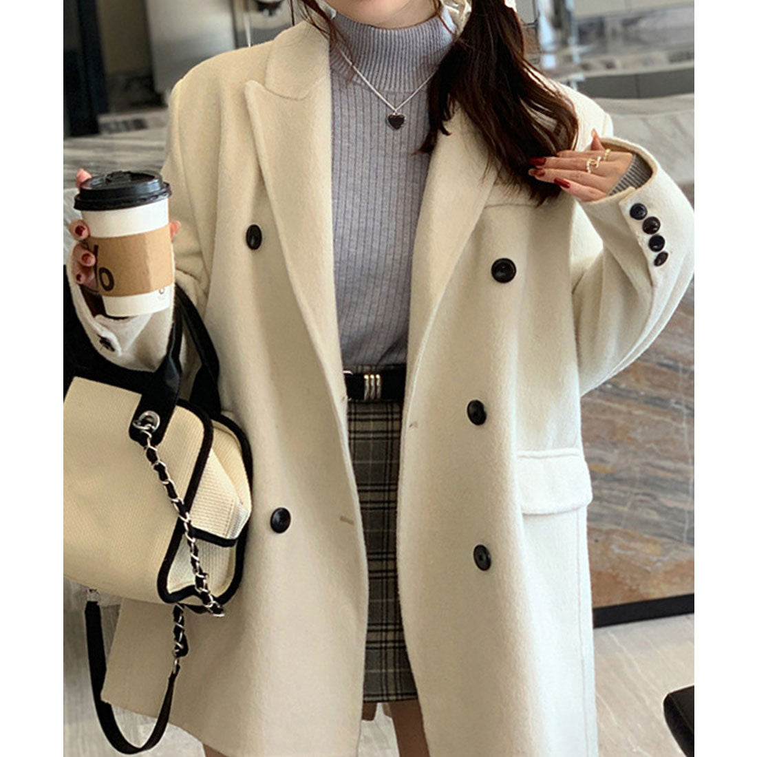 ニットトップス 裏起毛 ハイネック 厚手 ピンクベージュ