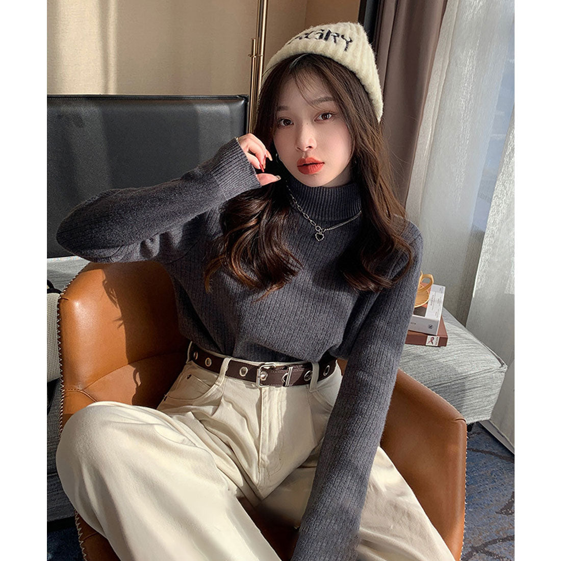 ニットトップス 裏起毛 ハイネック 厚手 ピンクベージュ