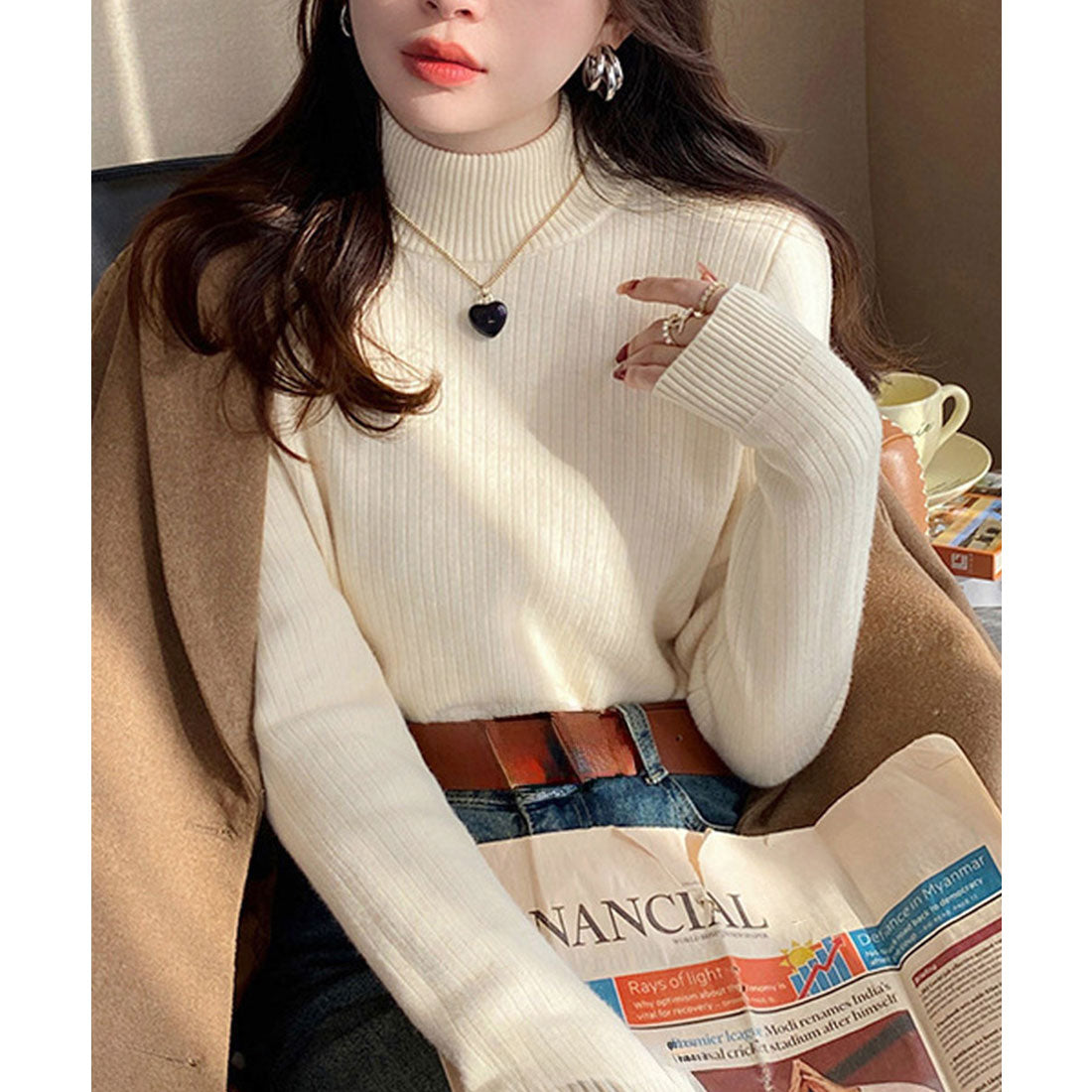 ニットトップス 裏起毛 ハイネック 厚手 ピンクベージュ