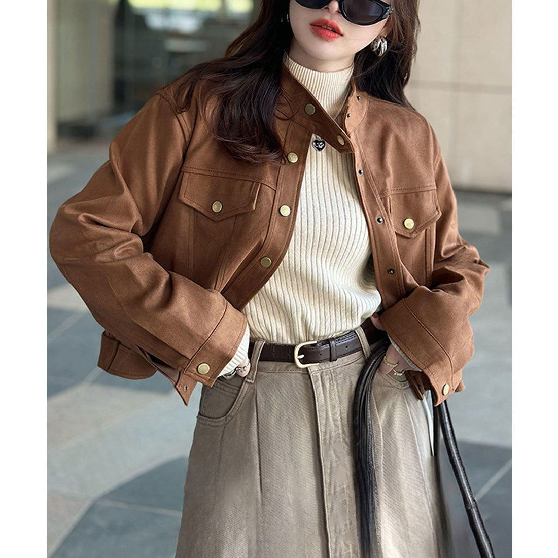 ニットトップス 裏起毛 ハイネック 厚手 ピンクベージュ