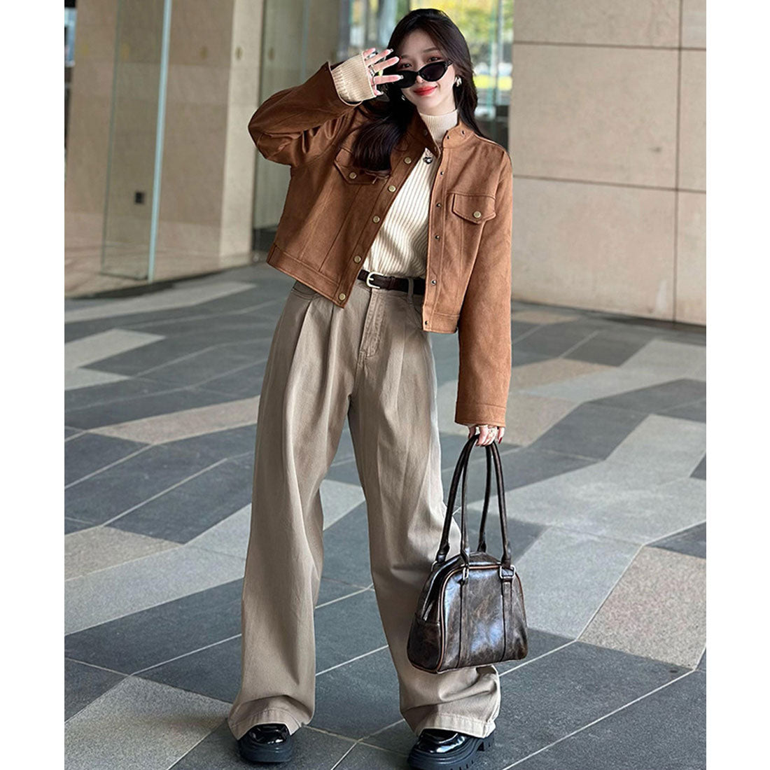 ニットトップス 裏起毛 ハイネック 厚手 ピンクベージュ