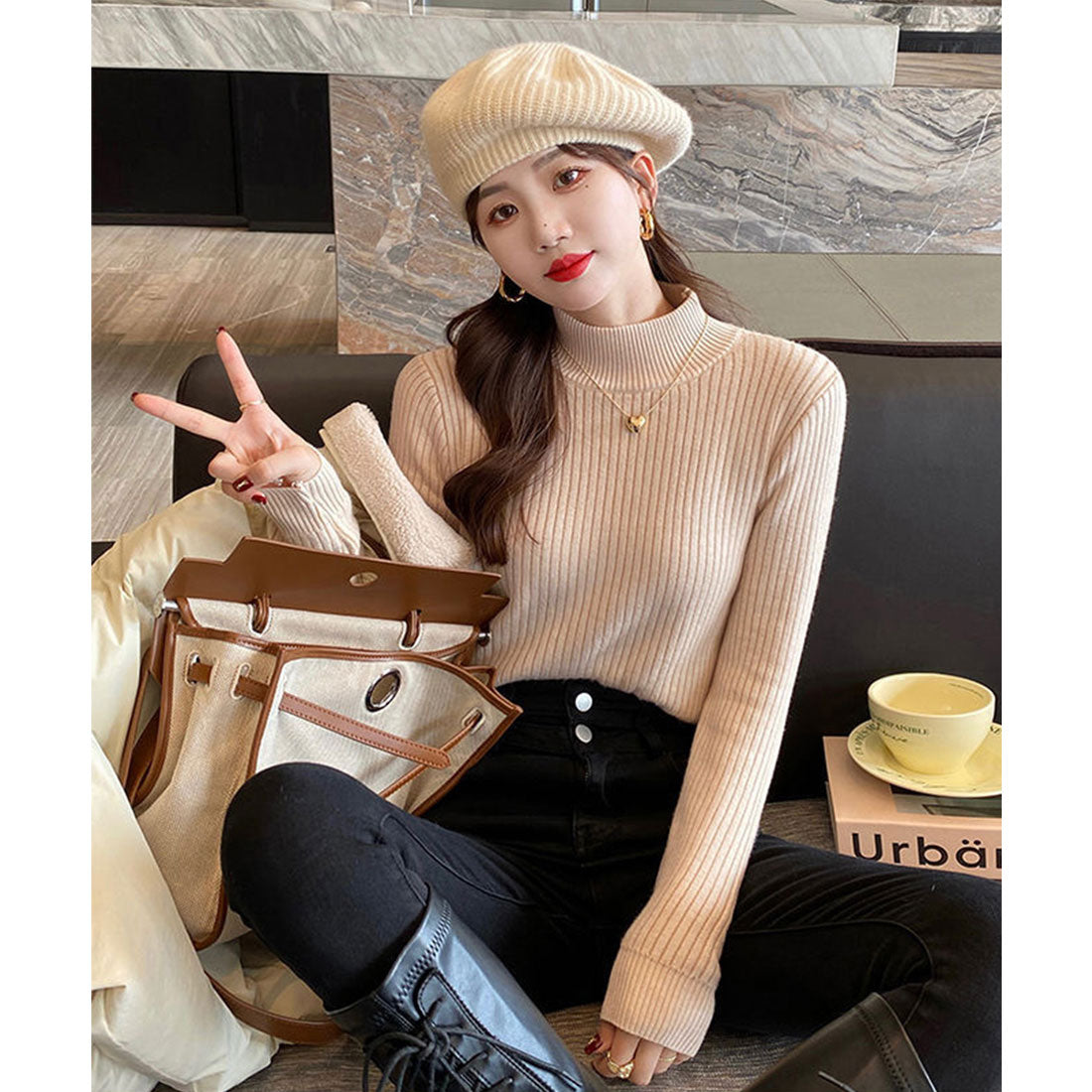 ニットトップス 裏起毛 ハイネック 厚手 ピンクベージュ