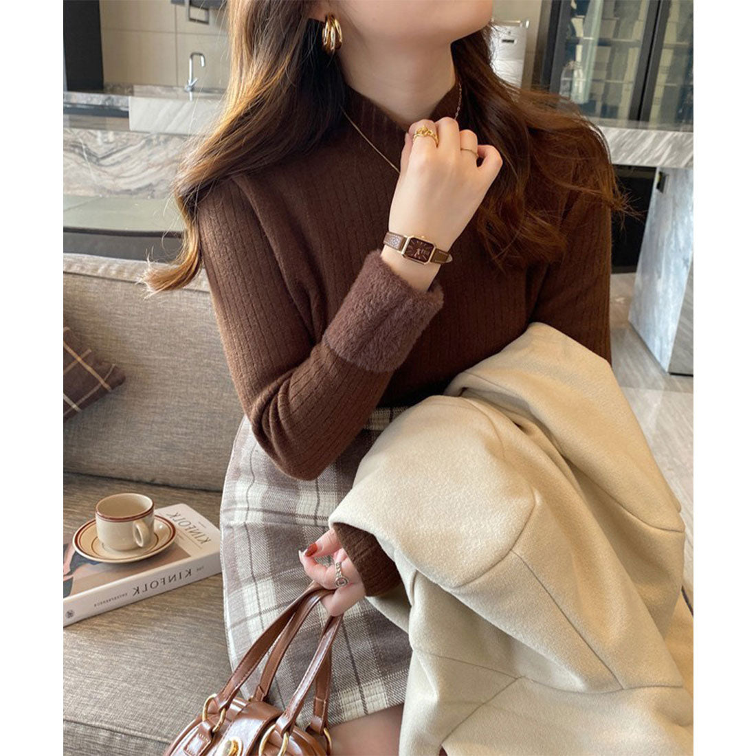 ニットトップス 裏起毛 ハイネック 厚手 ピンクベージュ