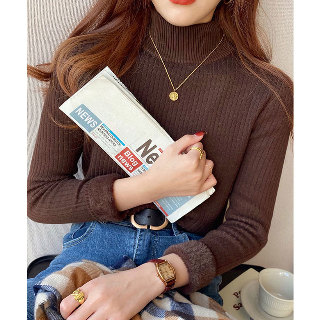 ニットトップス 裏起毛 ハイネック 厚手 ピンクベージュ