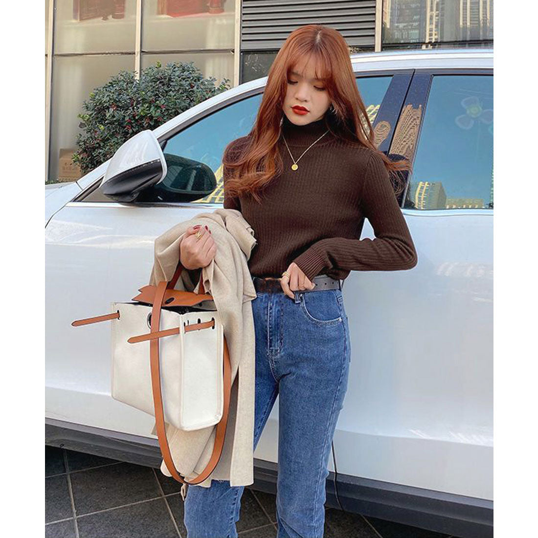 ニットトップス 裏起毛 ハイネック 厚手 ピンクベージュ