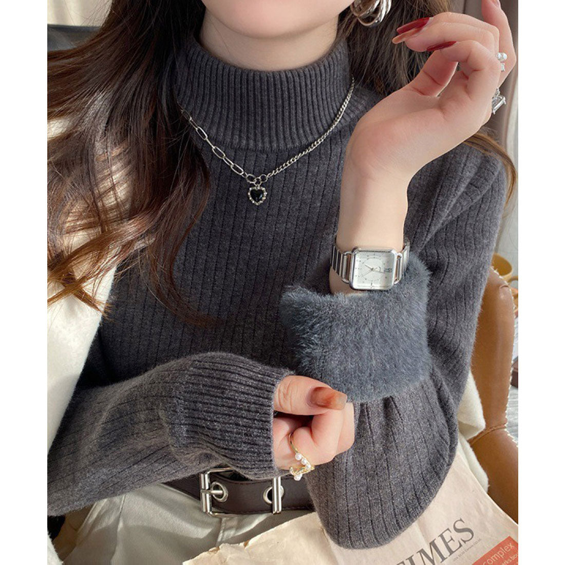 ニットトップス 裏起毛 ハイネック 厚手 チャコールグレー